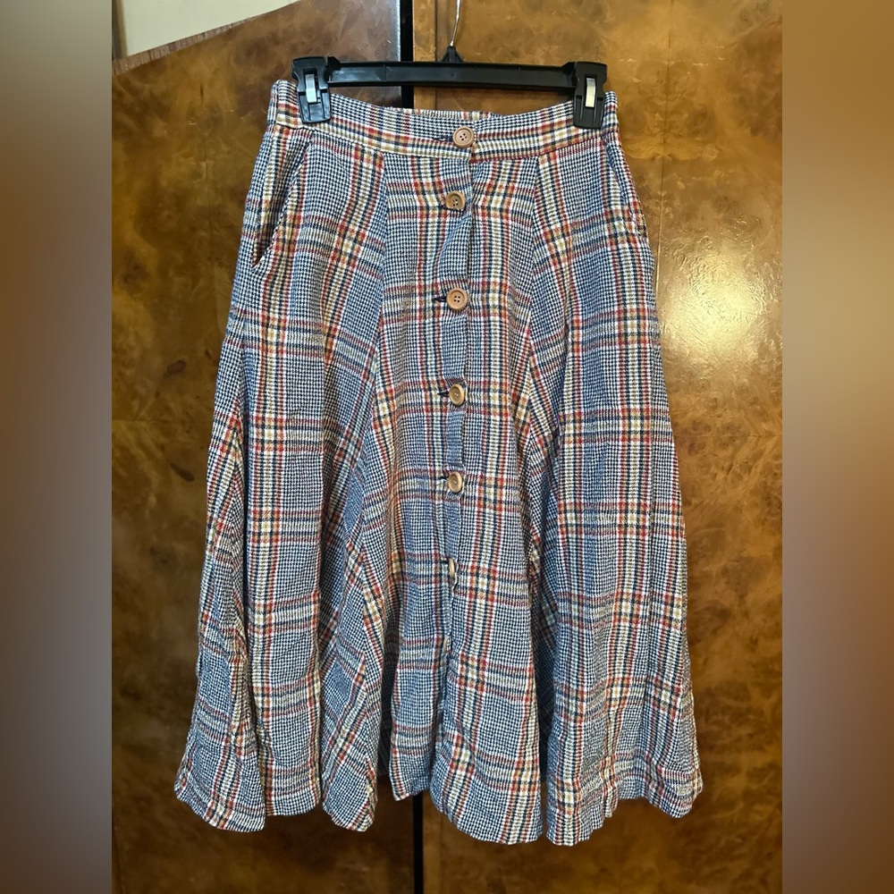 Classic Blue Plaid A-Line Skirt Button Up Check Flare Ling Skirt